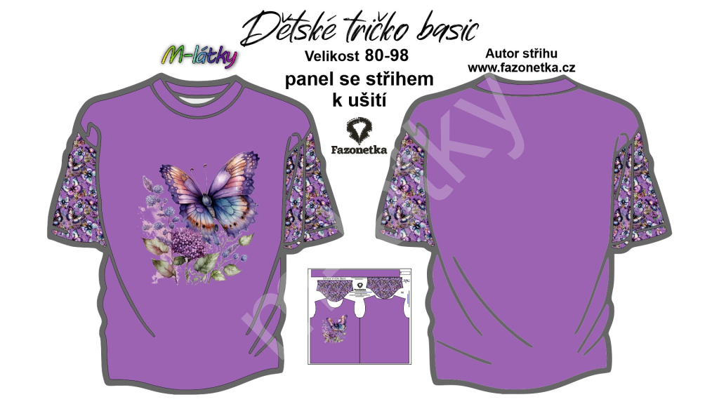 OB F Panel se střihem k ušití Tričko dětské Basic 8098 Motýli s