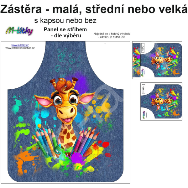 Panel k ušití  - Zástěra - malá, střední nebo velká - s kapsou nebo bez  - výběr z variant a materiálů - žirafa malíř (1)