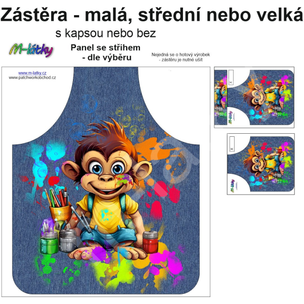 Panel k ušití  - Zástěra - malá, střední nebo velká - s kapsou nebo bez  - výběr z variant a materiálů -Dino  malíř (1)