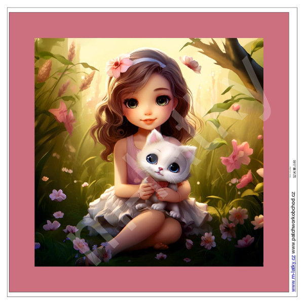 Panel k ušití  - dekorativní polštář -  růžová - (zadní strana holčička s kotětem) (1)
