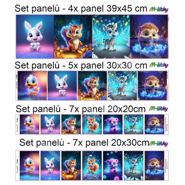 Set panelů dle výběru -    4 ks panelů o rozměru 39x45cm/ 5ks panelů o rozměru 30x30 cm /7 ks panelů o rozměru 20x20 cm/7 ks panelů 20x30 cm - mix pro děti (zvířátka) (1)