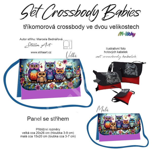 B - Panel k ušití - Set tříkomorých crossbody kabelek Babies - střih Stilla Art (Marcela Bednářová) -  sovy (3)