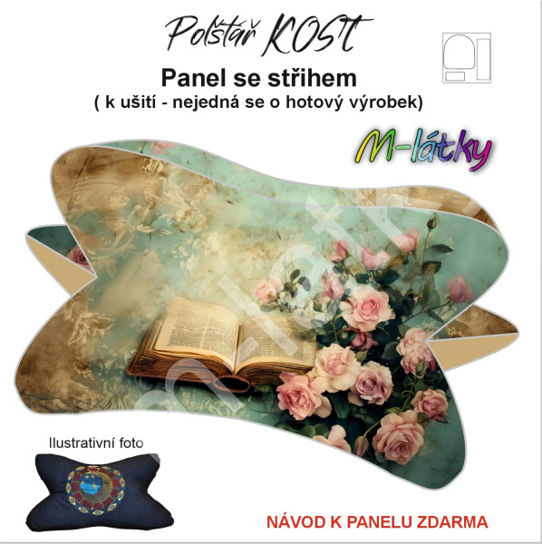 Panel k ušití  - Relaxační (čtecí) polštář KOST - vintage kniha s růžemi (2)