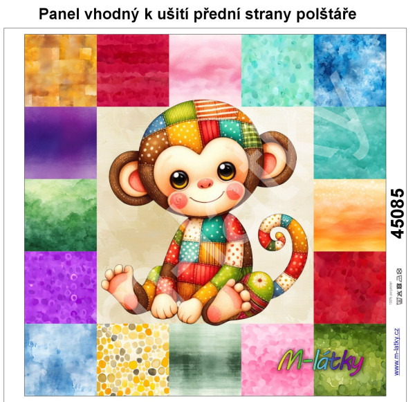 Panel k ušití  - dekorativní polštář - Patchworková zvířátka - opice (1)