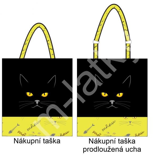 Panel k ušití  - nákupní taška/nákupní taška s prodluženými uchy - výběr z variant  - kočka - oči + nápisy fluorescenční neonové barvy (1)