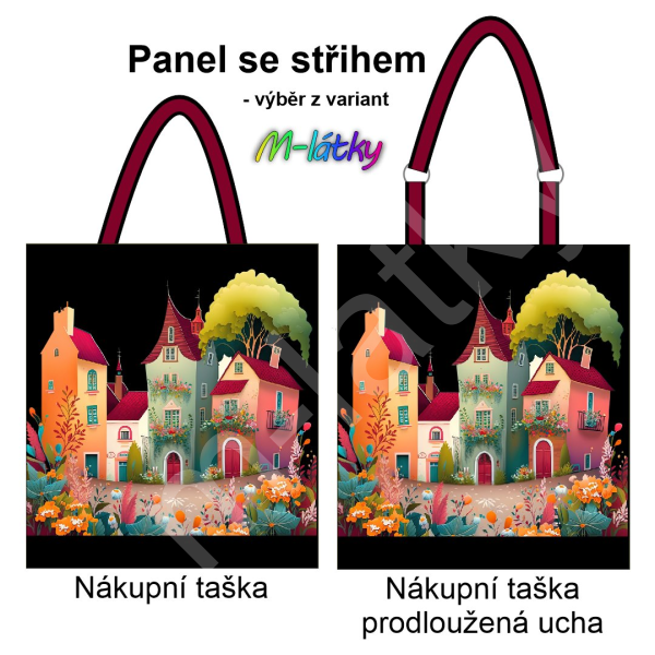 Panel k ušití  - nákupní taška/nákupní taška s prodluženými uchy - výběr z typu a materiálů  - domy v zahradě (domečky) (1)
