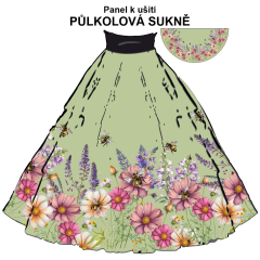 OB Půlkolová sukně luční květy - včely - náš tisk na objednávku – výběr z variant  panel se střihem