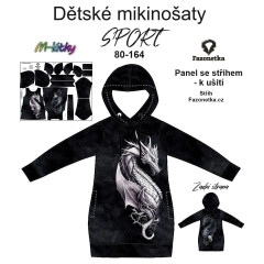OB F - Panel se střihem  - dětské mikinošaty SPORT 80 -164  (střih Fazonetka) - bílý a černý drak Ditigální tisk m-látky – výběr z variant