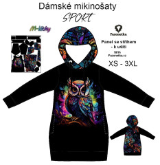 OB F - Panel k ušití  - dámské mikinošaty SPORT XS - XXXL  - sova Digitální tisk m-látky - výběr z variant  střih Fazonetka