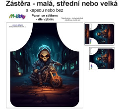 OB Panel k ušití  - Zástěra - malá, střední nebo velká - s kapsou nebo bez  - výběr z variant a materiálů - kostlivec na motorce