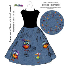 OB Panel - kolová sukně  výběr z průměru  od 60 do 145 cm - legrační ptáci v notách tisk m-látky – výběr z rozměrů a variant materiálů