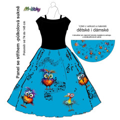 OB Půlkolová sukně Ptačí píseň (ptáci) - cyan - náš tisk na objednávku – výběr z variant  panel se střihem