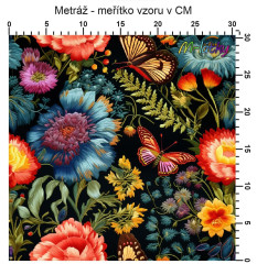 OB Metráž vzhled výšivky - motýli, květy náš tisk na objednávku – výběr z materiálů