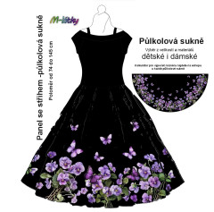 OB Panel - půlkolová sukně  výběr z poloměru od 74  do 145 cm - fialky tisk m-látky – výběr z rozměrů a variant materiálů