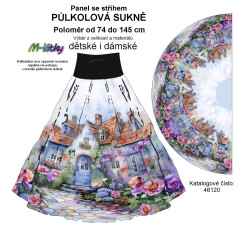OB Půlkolová sukně jarní domečky - náš tisk na objednávku – výběr z variant  panel se střihem