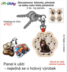 OB Panel se střihem - 2 ks tvarovaná klíčenka (jehelníček, přívěsek na kabelku apod.) - mainská mývalí kočka Tisk m-látky