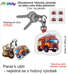OB Panel se střihem - 2 ks tvarovaná klíčenka (jehelníček, přívěsek na kabelku apod.) - Hasičské auto Tisk m-látky