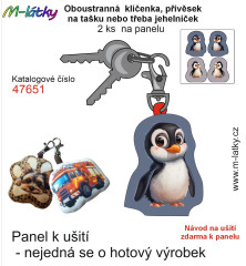 OB Panel se střihem - 2 ks tvarovaná klíčenka (jehelníček, přívěsek na kabelku apod.) - Tučňák Tisk m-látky