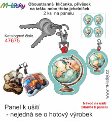 OB Panel se střihem - 2 ks tvarovaná klíčenka (jehelníček, přívěsek na kabelku apod.) - globus Tisk m-látky