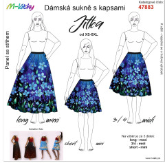 KOB Panel se střihem - Jitka - sukně s kapsami do A - pomněnky tisk m-látky – výběr z rozměrů a variant materiálů