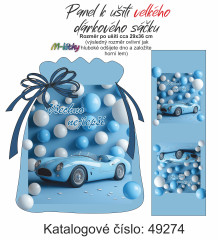 OB Panel k ušití - dárkový sáček velký  - modré auto s balónky tisk na objednávku
