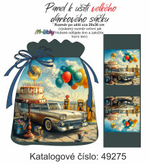 OB Panel k ušití - dárkový sáček velký  - retro auto s narozeninovým dortem tisk na objednávku