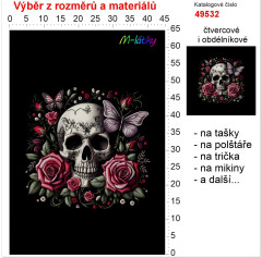 OB Panel bez střihu - vzhled výšivky lebka v růžích tisk na objednávku výběr z rozměrů a materiálů