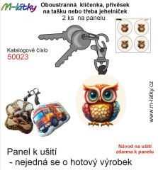OB Panel se střihem - 2 ks tvarovaná klíčenka (jehelníček, přívěsek na kabelku apod.) - sova Tisk m-látky