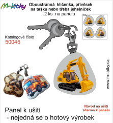 OB Panel se střihem - 2 ks tvarovaná klíčenka (jehelníček, přívěsek na kabelku apod.) - bagr Tisk m-látky