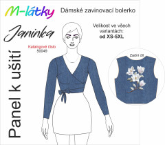 OB Panel se střihem - zavinovací bolerko Janinka - Vzor jeans s výšivkou magnolie tisk m-látky