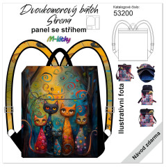 MOB Panel se střihem - Batoh Sirena - dvoukomorový překlápěcí batoh - barevné kočky Kočárkovina - fotonávod v popisu produktu
