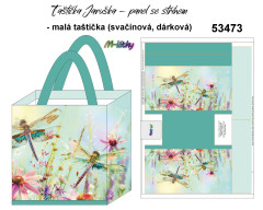 OB Panel - malá taštička Jaruška - vážky nad lučními květy kočárkovina - panel k ušití - vlastní tisk na objednávku