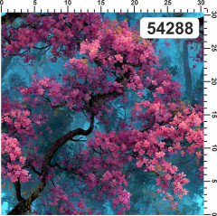 OB Metráž barevné stromy s růžovými květy (les) náš tisk na objednávku – výběr z materiálů
