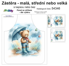 MOB Panel k ušití  - Zástěra medvěd v kaluži malá, střední,velká - s kapsou nebo bez - výběr z variant a materiálů