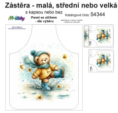 MOB Panel k ušití  - Zástěra medvěd v kaluži malá, střední,velká - s kapsou nebo bez - výběr z variant a materiálů