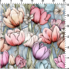 French Terry  teplákovina bez počesu - malované tulipány 95% bavlna 5% elastan reaktivní tisk m-látky