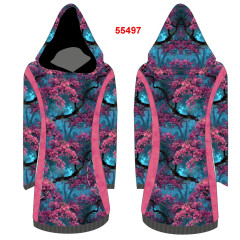 OB F - Panel k ušití  - dámské mikinošaty Relax XS - XXXL (střih Fazonetka) - stromy s růžovými květy Panel se střihem - výběr z variant materiálu