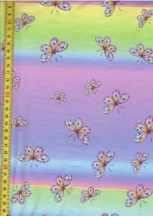 PA Funkční teplákovina bez počesu - pastelová duha s motýly -  autorský vzor 91% polyester 9% elastan - novinka -rychleschoucí, prodyšná